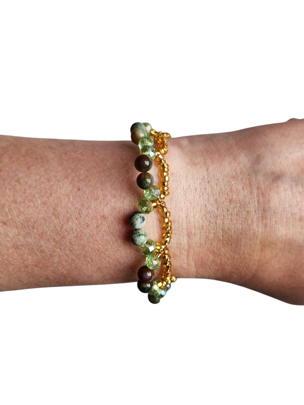 Green Indian Agate & Gold Czech Beaded Bracelet